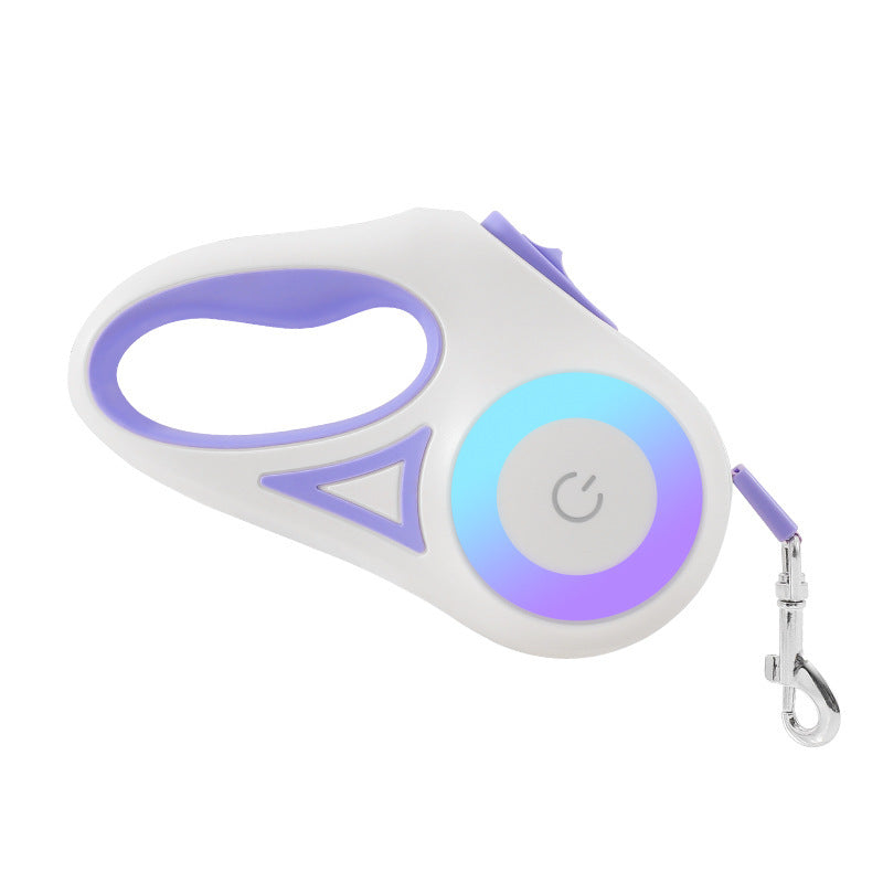 Purple retractable dog leash with LED spotlight and metal clip