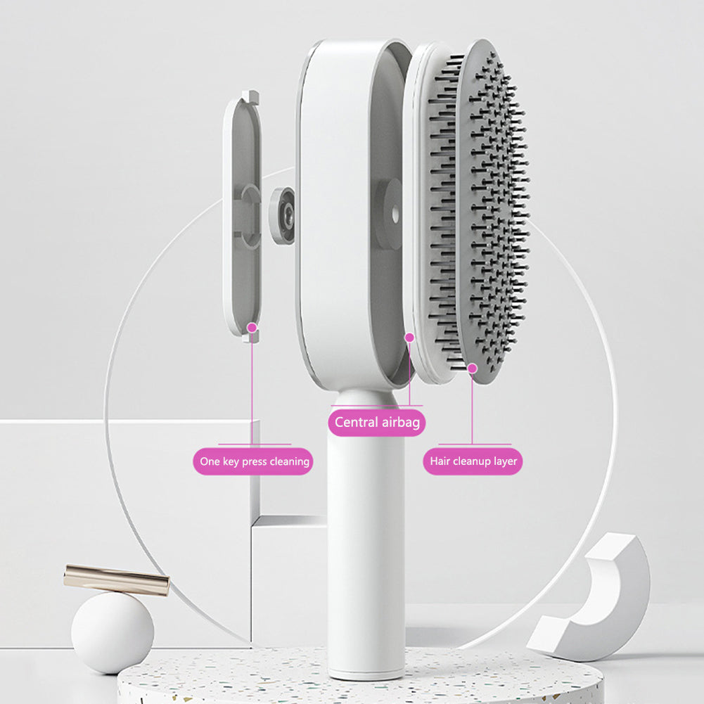 Self-cleaning hair brush with easy-release cleaning mechanism
