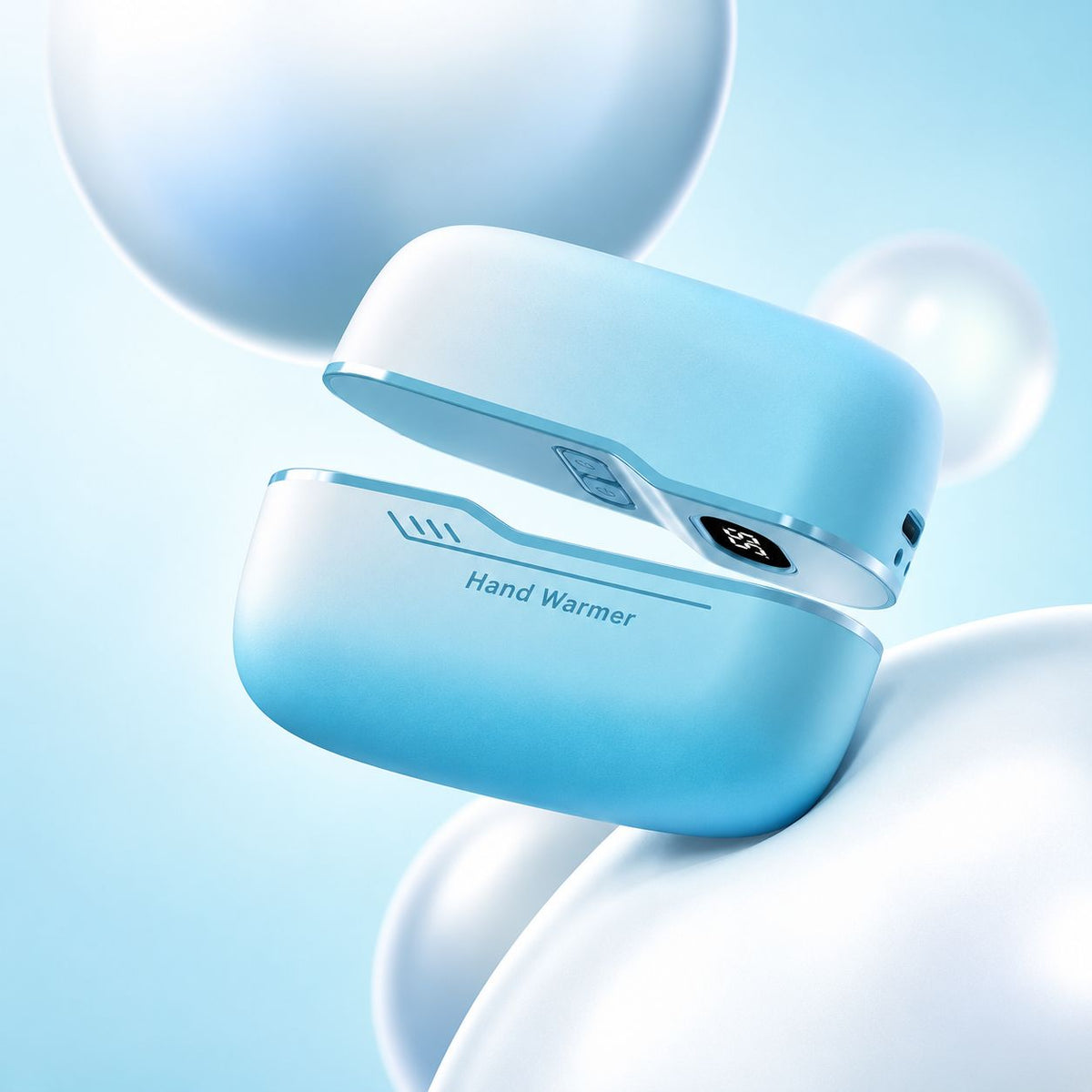Sky blue rechargeable magnetic hand warmer shown open