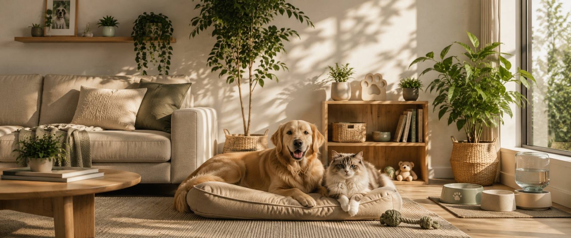 Golden retriever and fluffy cat resting together on cozy pet bed in sunlit living room with plants and modern decor