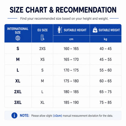 ize chart showing international and EU clothing sizes with recommended height and weight ranges from S to 3XL