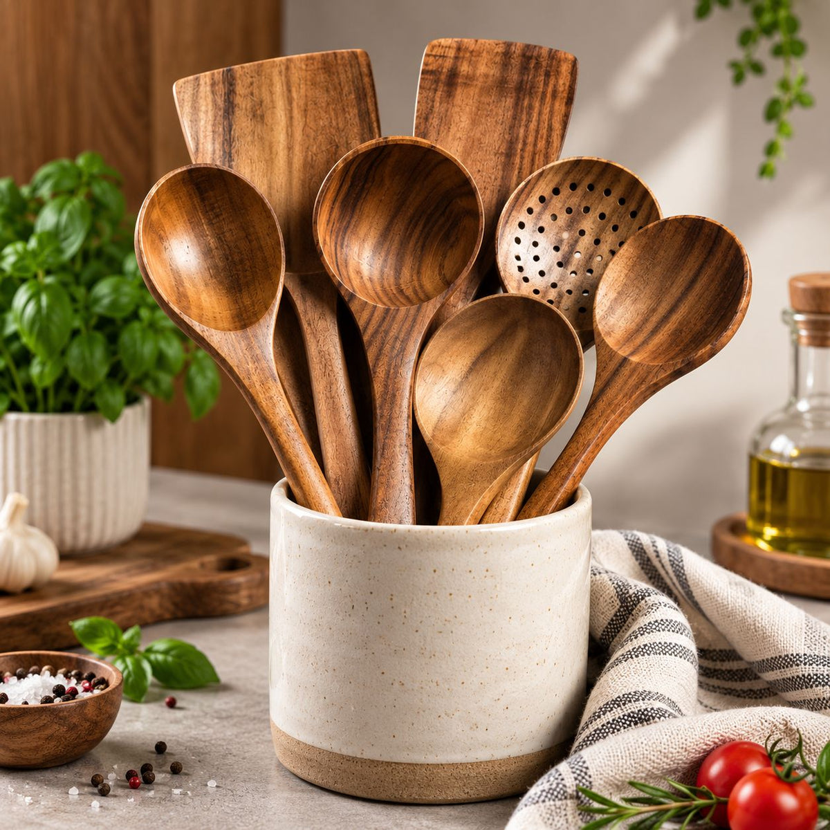 Teak wood cooking utensils displayed in a ceramic holder