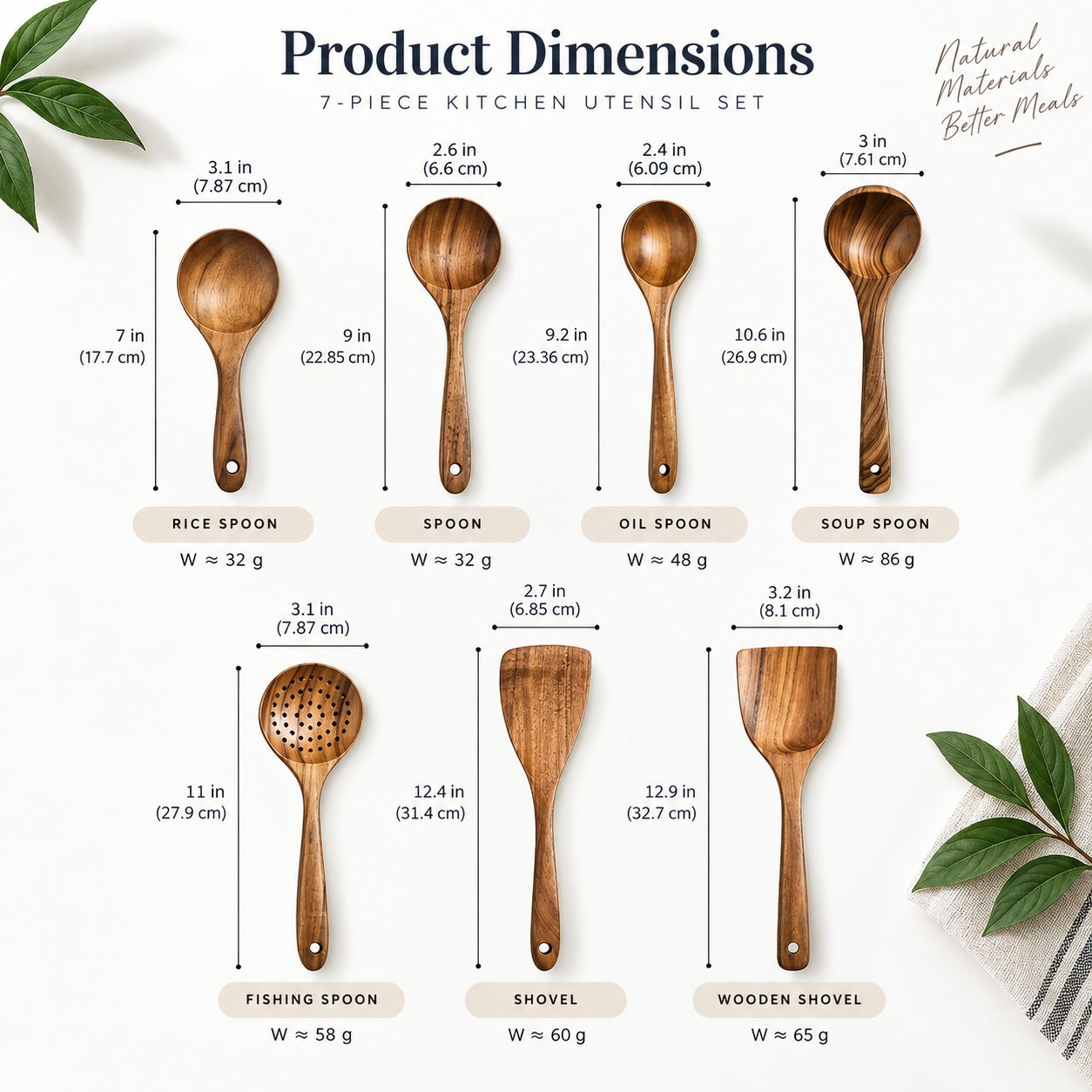 Size guide showing measurements of the teak wood kitchen utensils