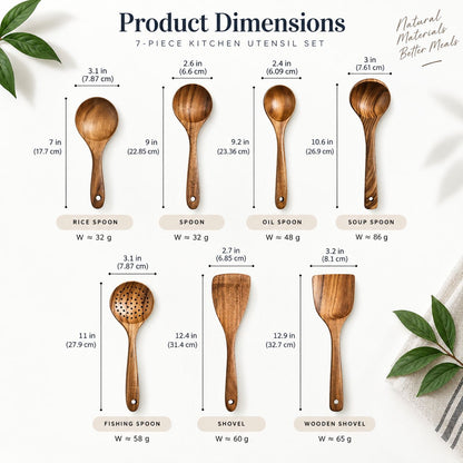 Size guide showing measurements of the teak wood kitchen utensils