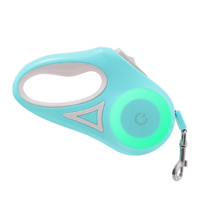 Turquoise retractable dog leash with LED spotlight and metal clip