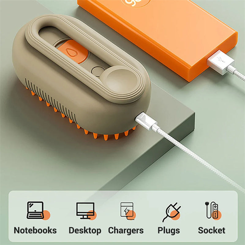USB rechargeable pet grooming brush with charging cable for convenient grooming