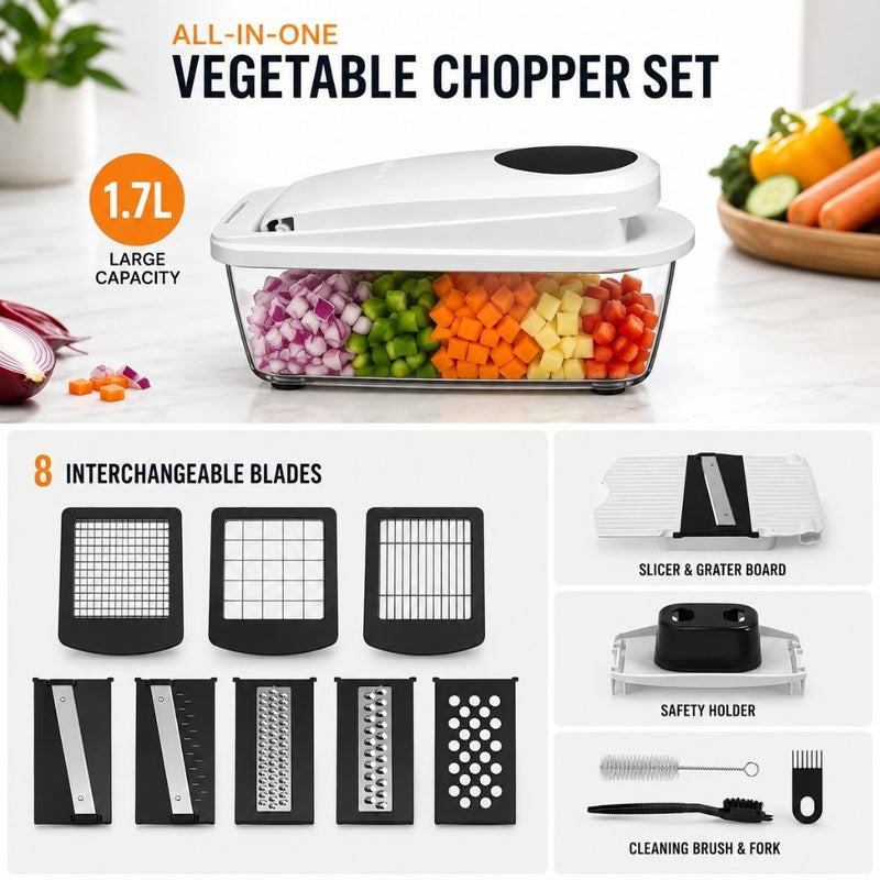 Vegetable chopper set with 1.7L container, interchangeable blades and accessories