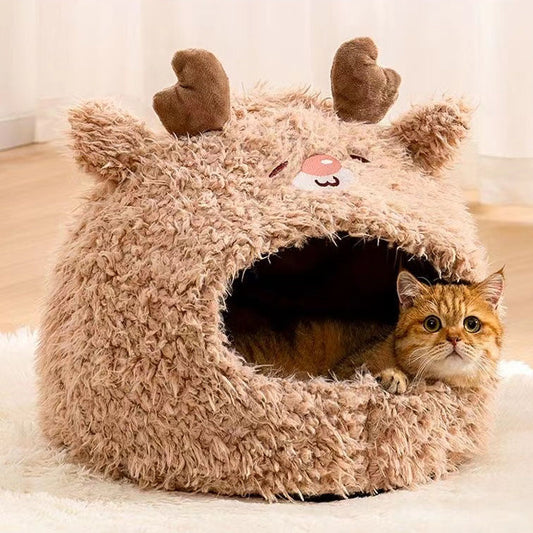 Plush covered pet nest with a cat resting inside