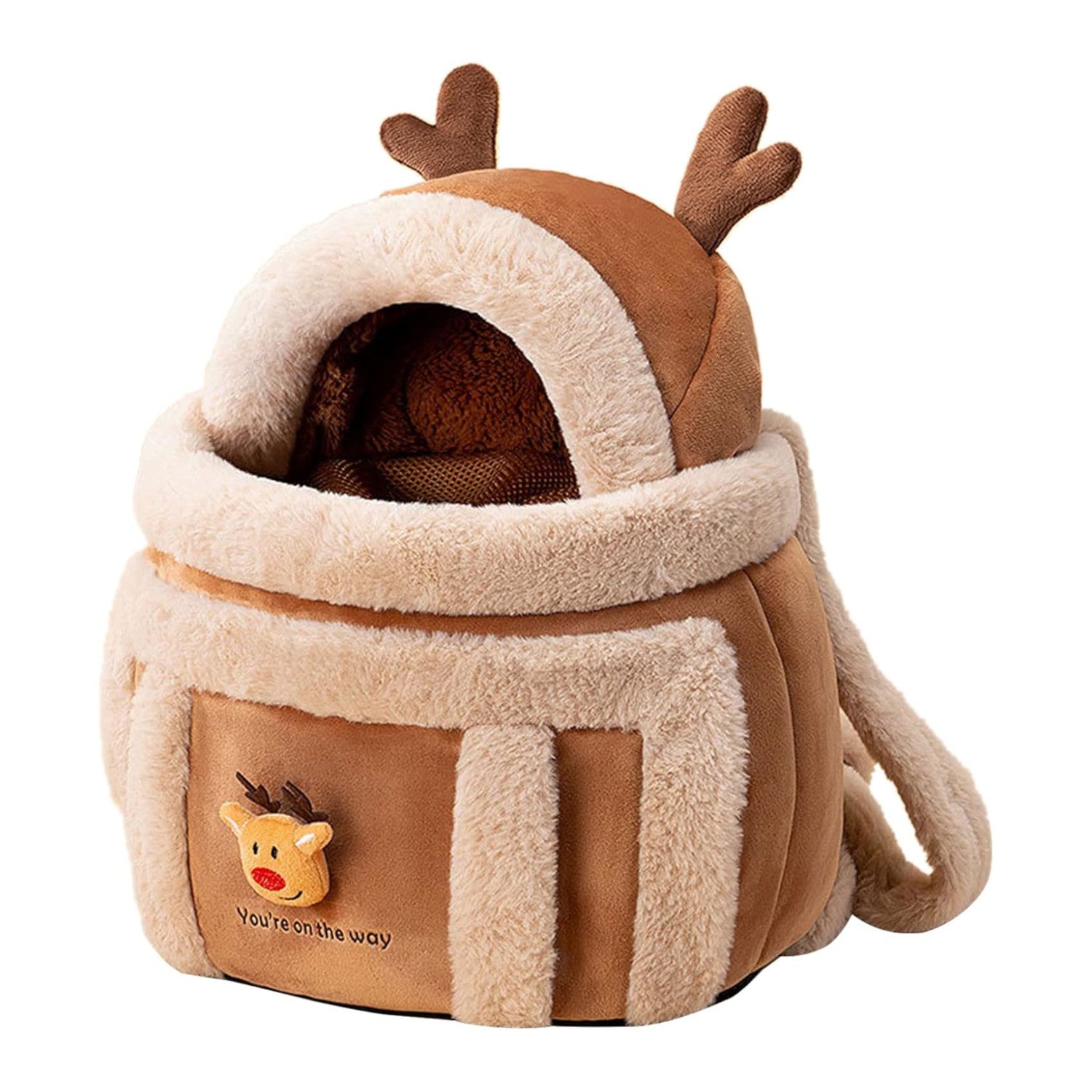 Plush reindeer pet carrier backpack for cats and small dogs