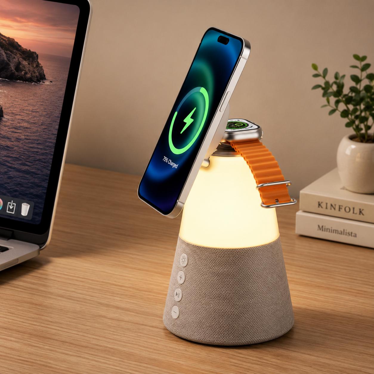 Wireless charging night light speaker on a desk beside a computer