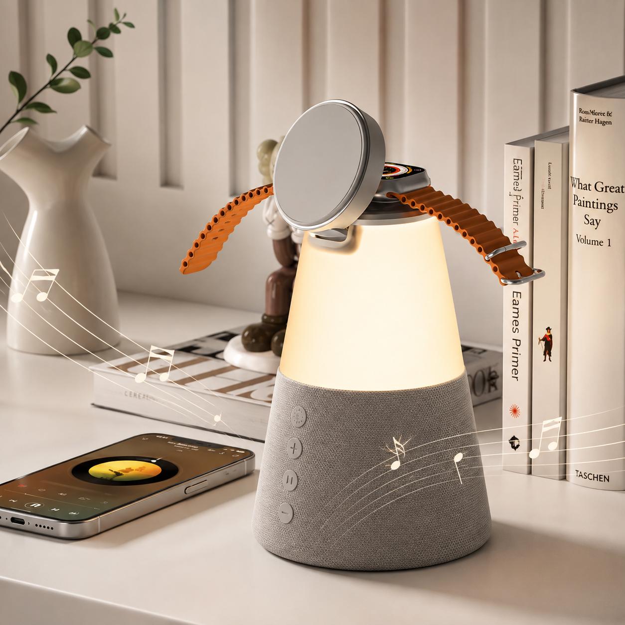 Wireless charging speaker lamp with smartphone and smartwatch charging
